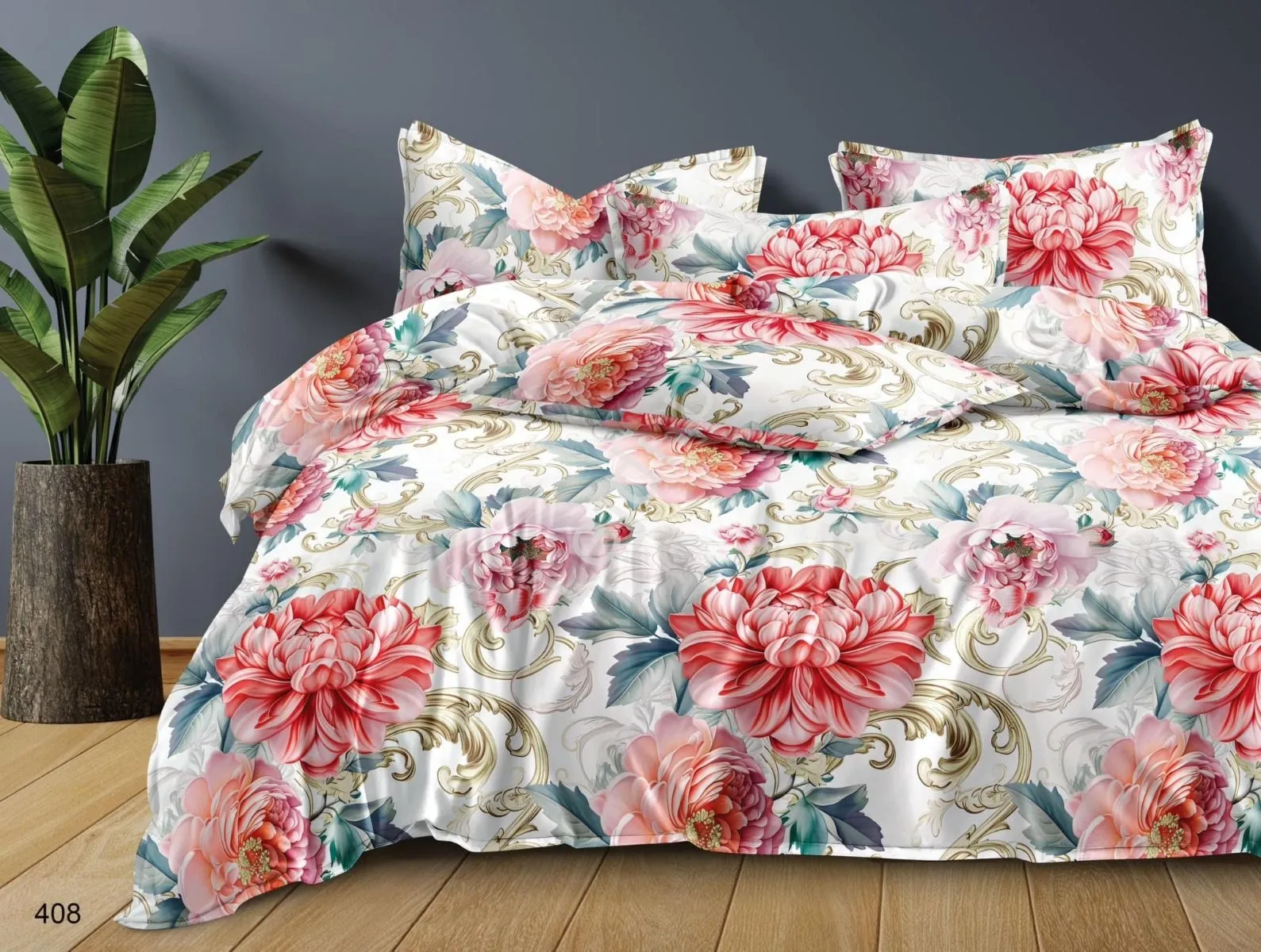 Przepiekna pościel w peonie 3 częściowa 200cm x 220cm + poszewka na poduszkę 2x 70x80 , posciel w kwiaty