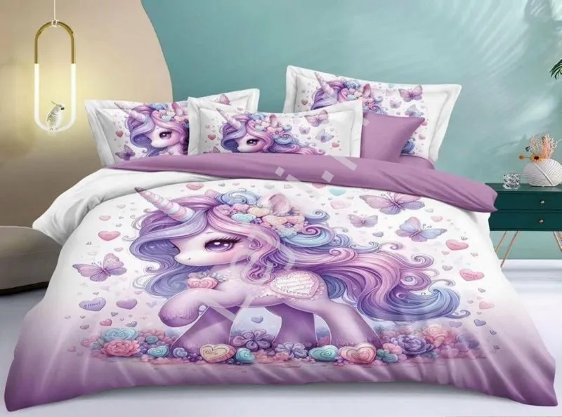 Pościel dziecięca z jednorożcem fioletowa 3 częściowy 160cm x 220cm + poszewka na poduszkę 2x 70x80, Polski Producent