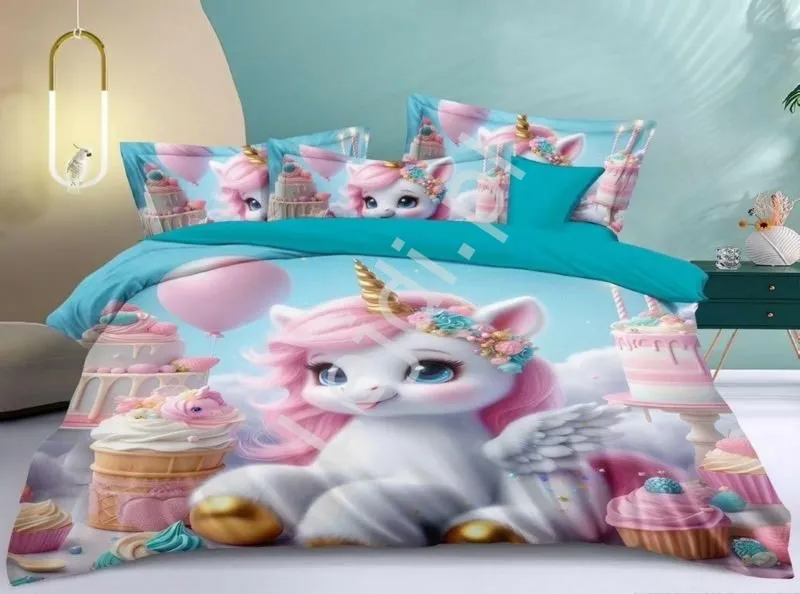 Bajkowa pościel dla dziewczynki, dziecięca 5D z jednorożcem i babeczkami 3 częściowy 160cm x 220cm + poszewka na poduszkę 2x 70x80, Polski Producent