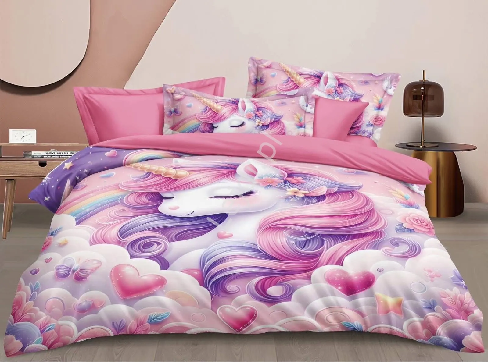 Bajeczna pościel dziecięca 5D z jednorożcem i serduszkami 3 częściowy 160cm x 220cm + poszewka na poduszkę 2x 70x80, Polski Producent
