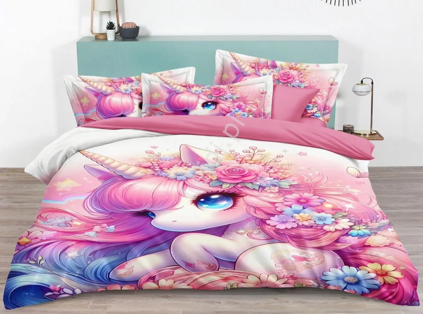 Przepiękna pościel dziecięcam, pościel dla dziewczynki 5D z jednorożcem i kwiatkami 3 częściowy 160cm x 220cm + poszewka na poduszkę 2x 70x80, Polski Producent