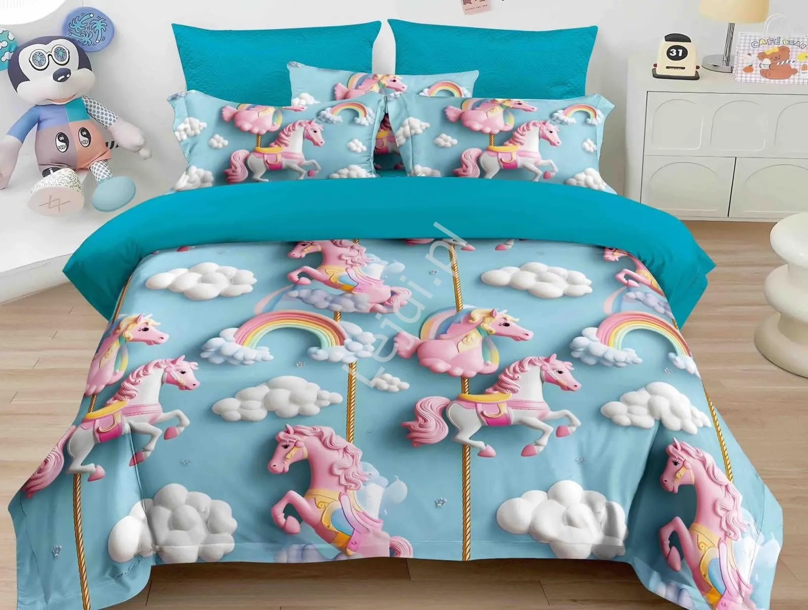 Bajkowa pościel dziecięca 5D karuzela z jednorożcami 3 częściowy 160cm x 220cm + poszewka na poduszkę 2x 70x80, Polski Producent