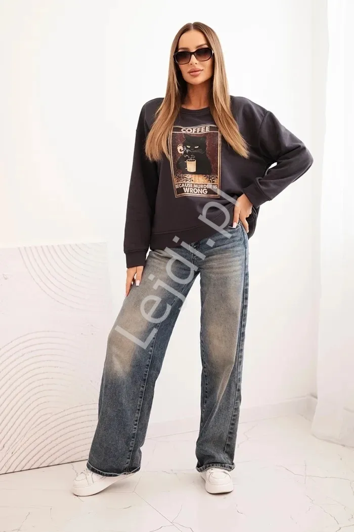 Grafitowa bluza z kotem COFFEE Becouse murder is wrong