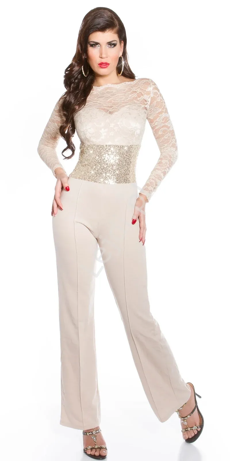 Elastyczny beżowy kombinezon damski z cekinami 8452