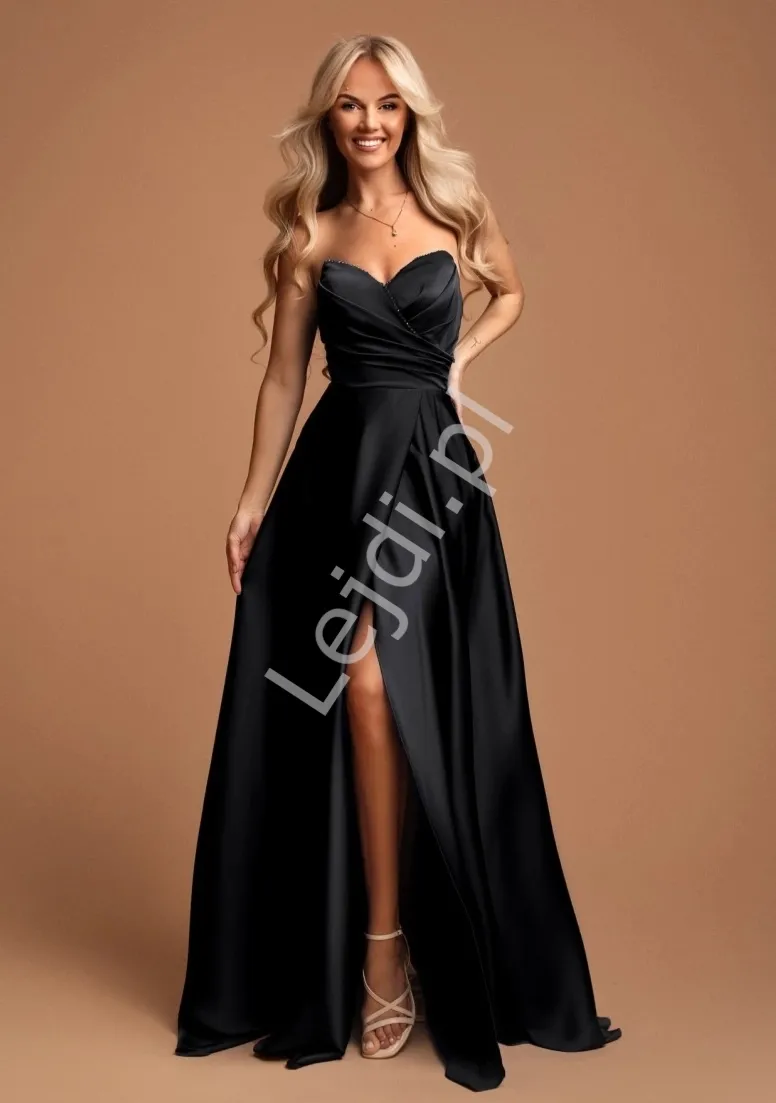 Francuska czarna sukienka wieczorowa z gorsetem i delikatnym koralikowym zdobieniem 2458