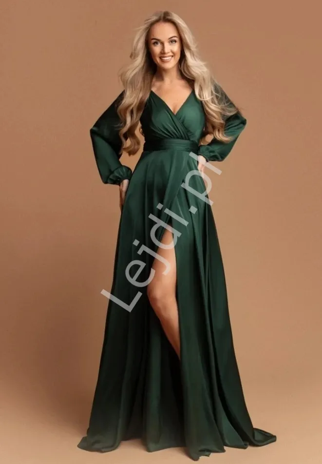 Francuska zielona satynowa sukienka z długim rękawem 1607