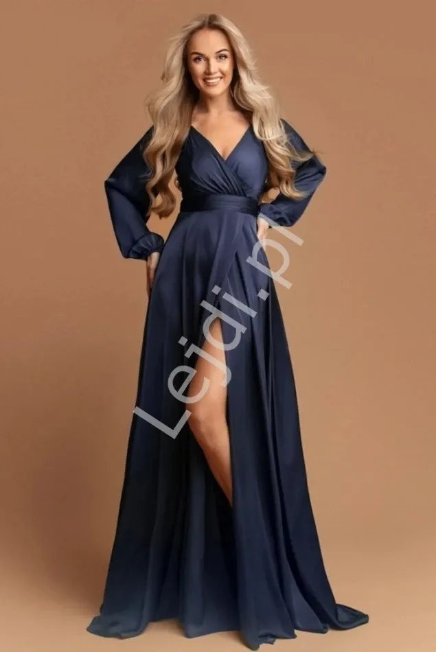 Francuska granatowa  satynowa sukienka z długim rękawem 1607