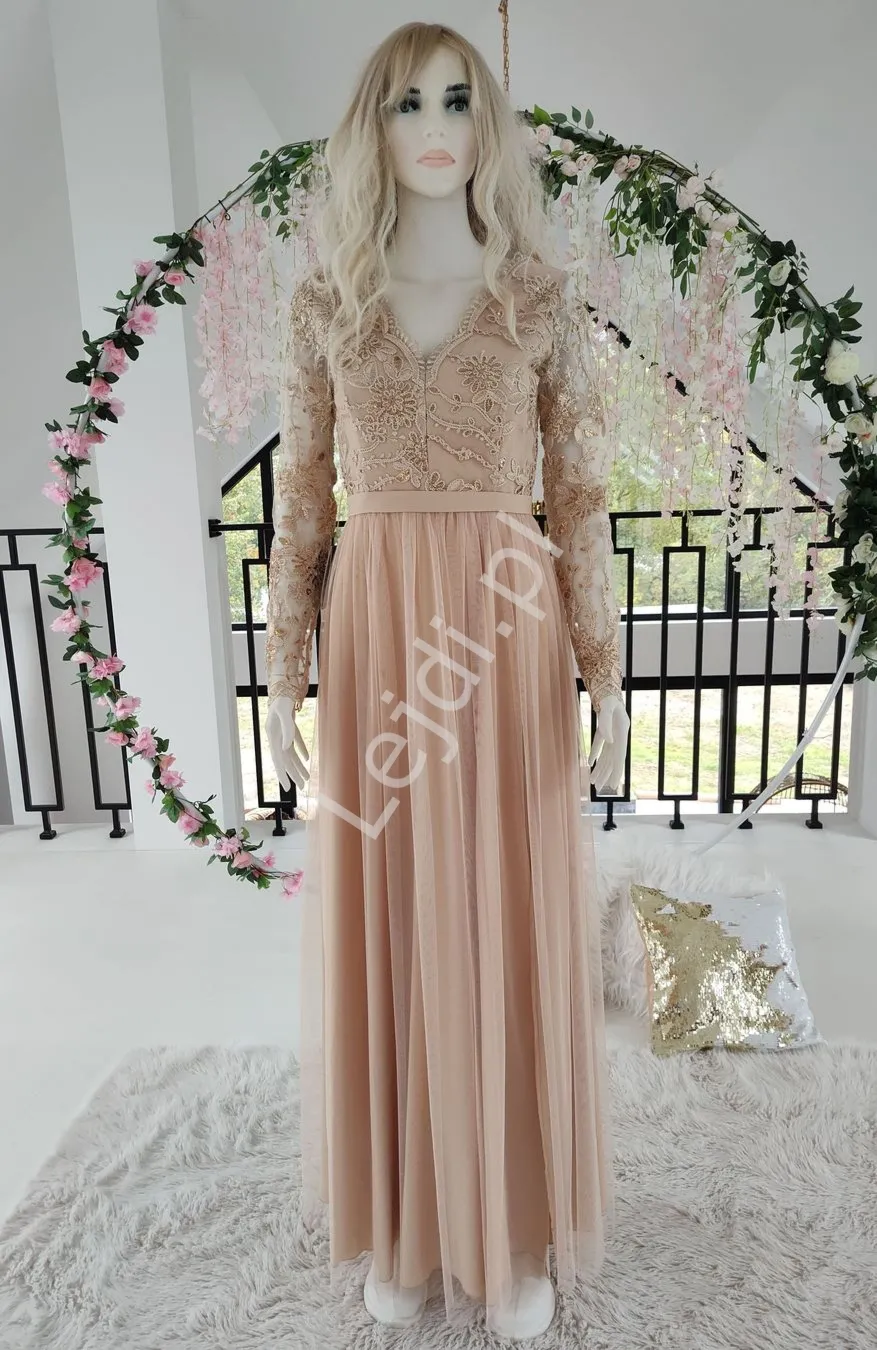 Beżowa tiulowa sukienka wieczorowa z długim rękawem Adel 3 ze złotymi cekinami