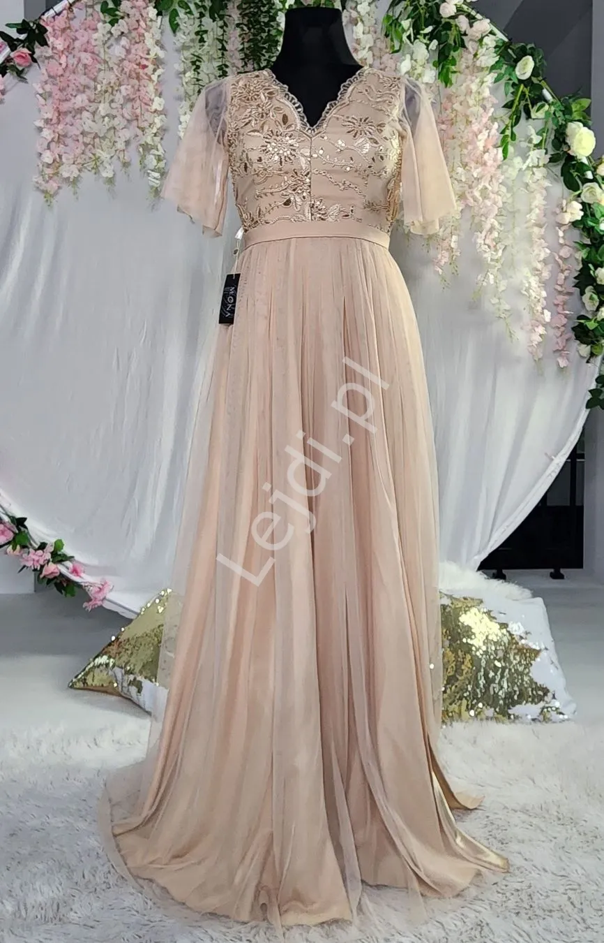 Beżowa tiulowa sukienka wieczorowa Adel 4 z motylkowym rękwakiem ze złotymi cekinami