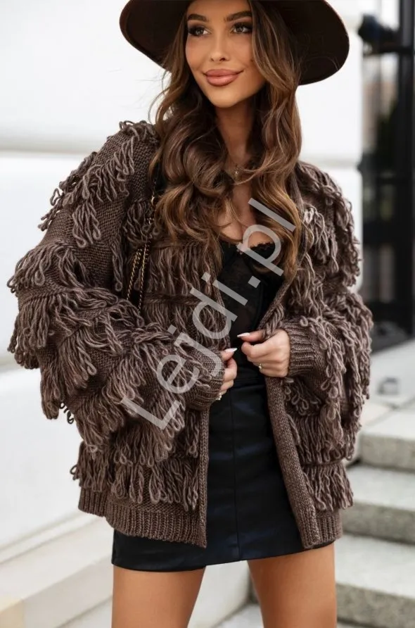 Kardigan damski z frędzlami mokka Fox Polski Producent