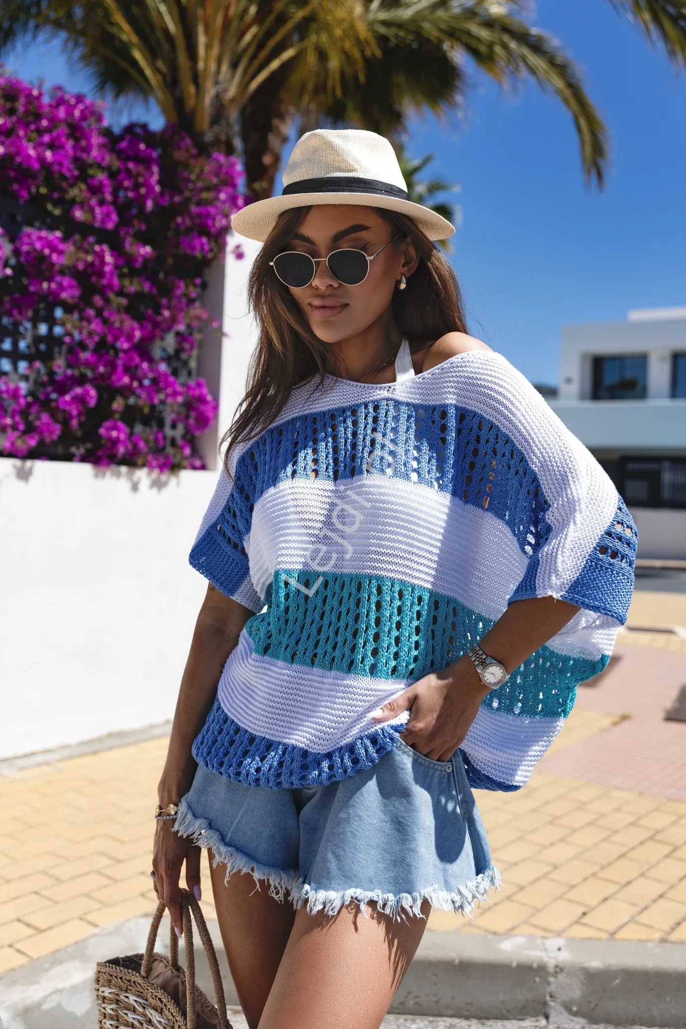 Niebieski sweter w paski Sanah Polski Producent