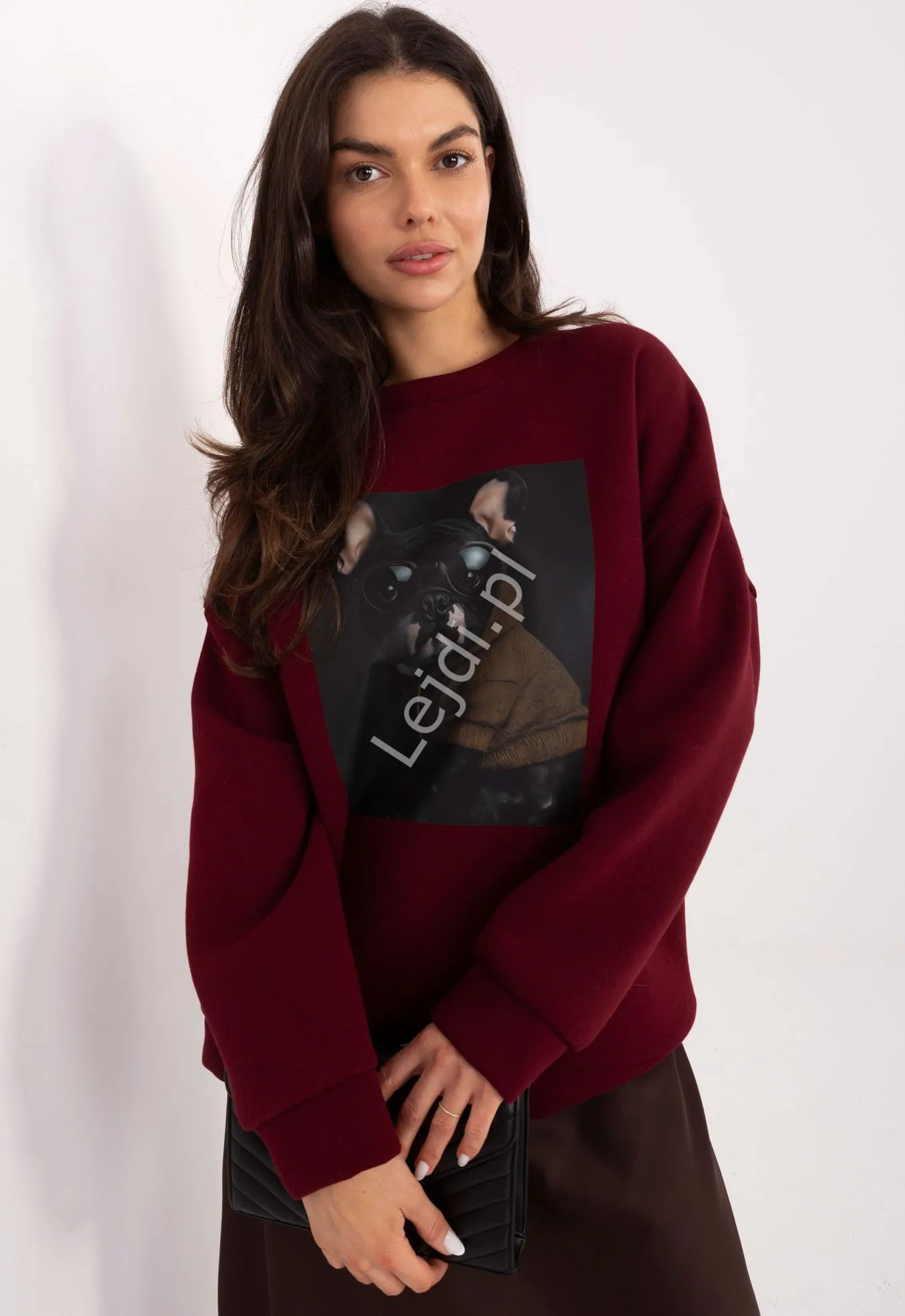 Bordowa bluza z nadrukiem psa buldoga francuskiego ITALY MODA