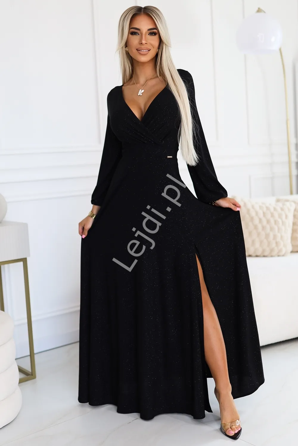 Połyskująca brokatowa sukienka z długim rękawem  na studniówkę, karnawał, sylwestra, weselem 572 Nela