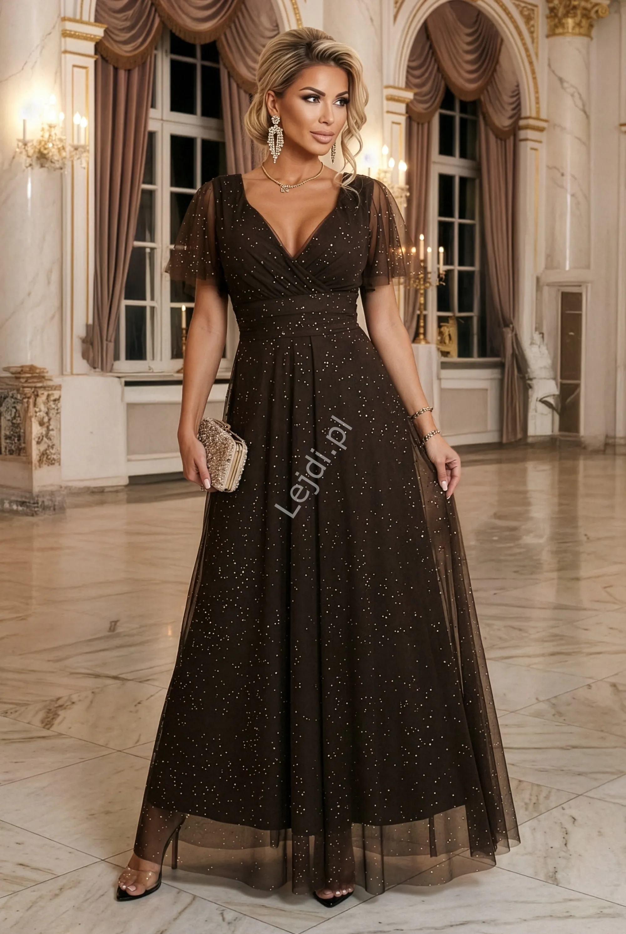 Brązowa sukienka wieczorowa z brokatem na studniówkę, wesele, sylwestra  635-4 MELANIA