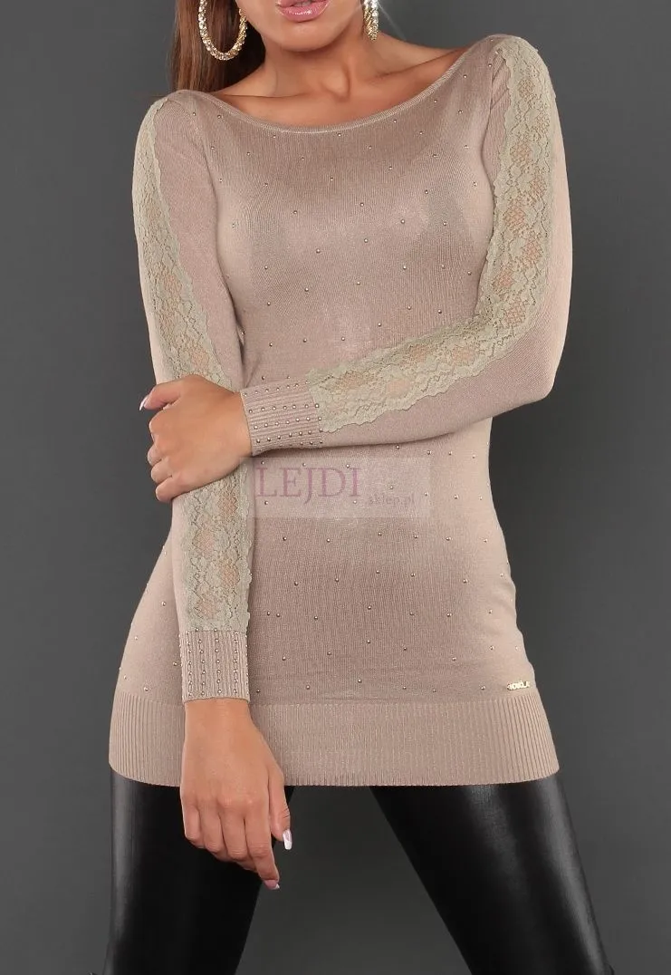 Tunika - sukienka dzianinowa z jetami i koronką, beż 8051