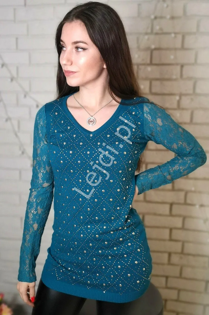 Szmaragdowa tunika z koronkowymi rękawami | tuniki damskie 8059