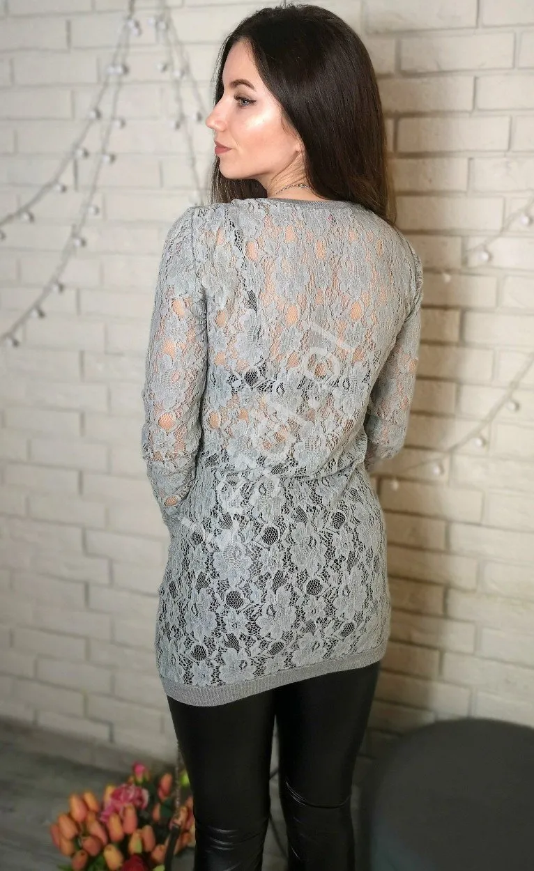 Szara tunika z koronkowymi rękawami i plecami | tuniki damskie z jetami 8059