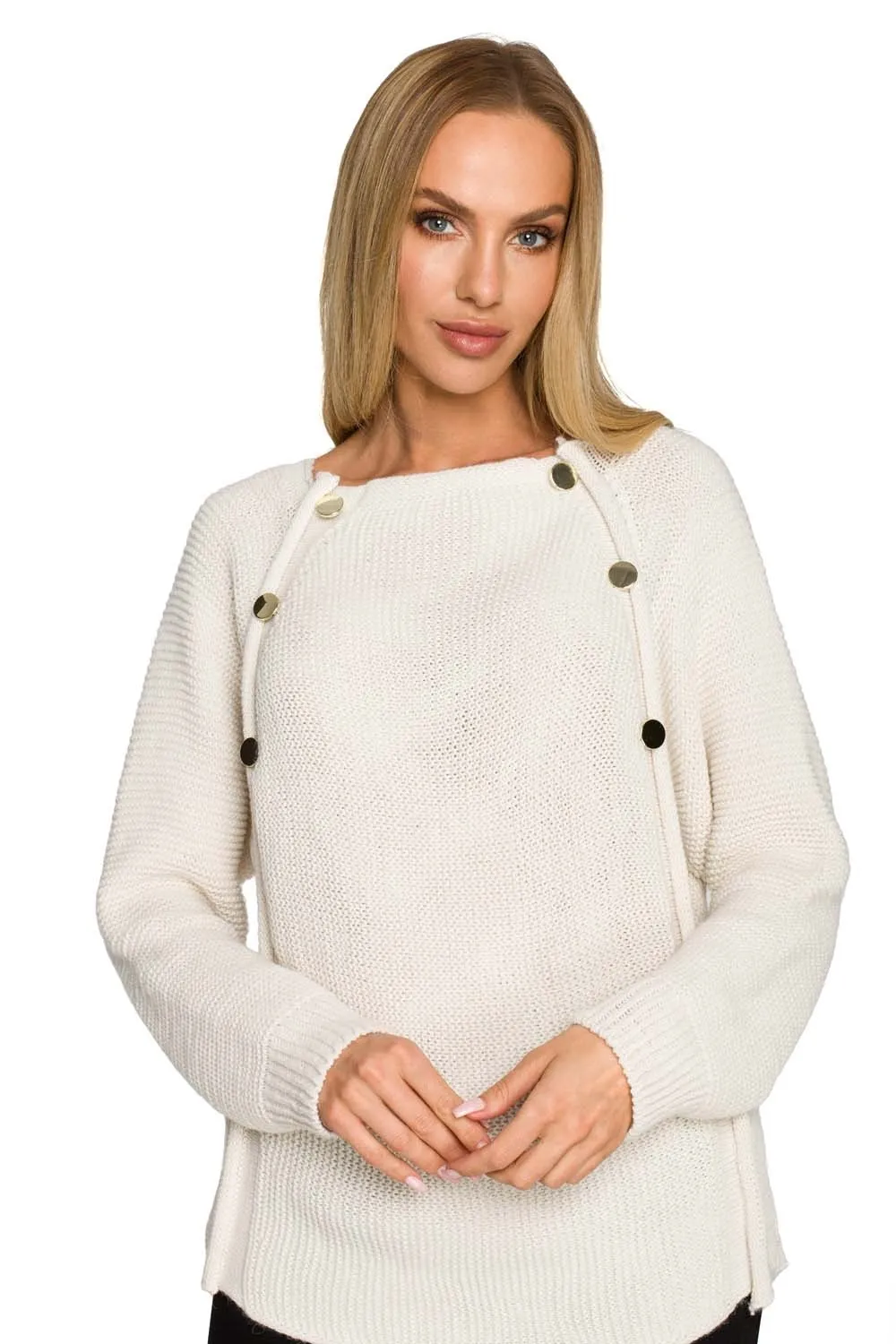 Sweter z ozdobnymi guziczkami - kość słoniowa - Rozmiar: L/XL