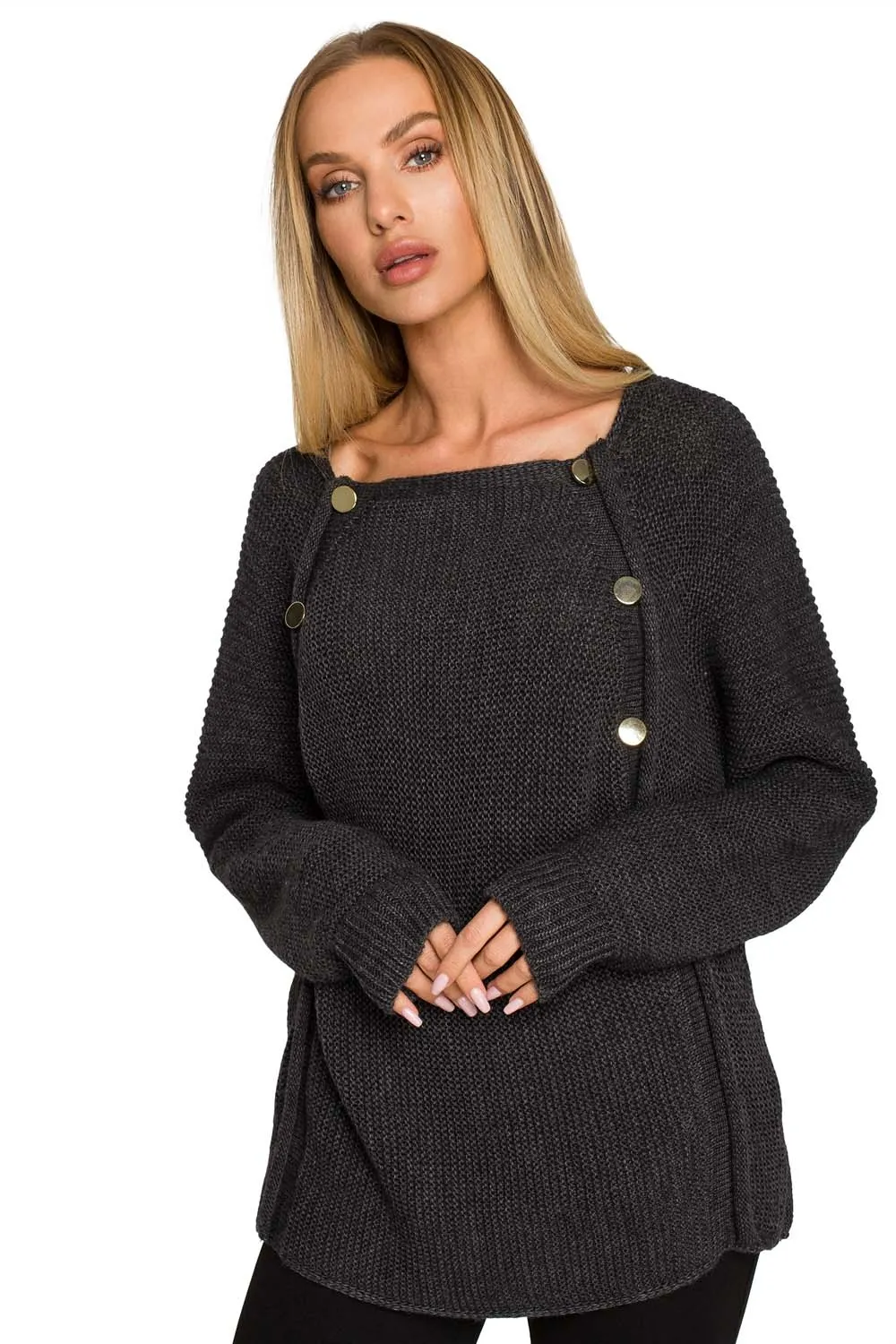 Sweter z ozdobnymi guziczkami - grafitowy - Rozmiar: S/M