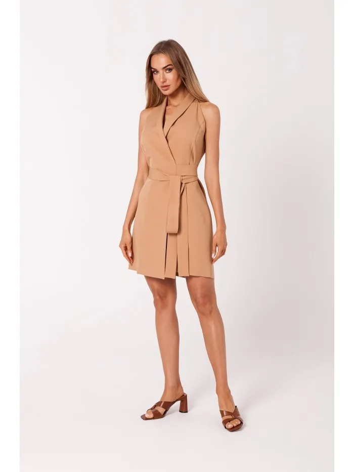 Żakietowa sukienka bez rękawów - karmelowa - Rozmiar: S