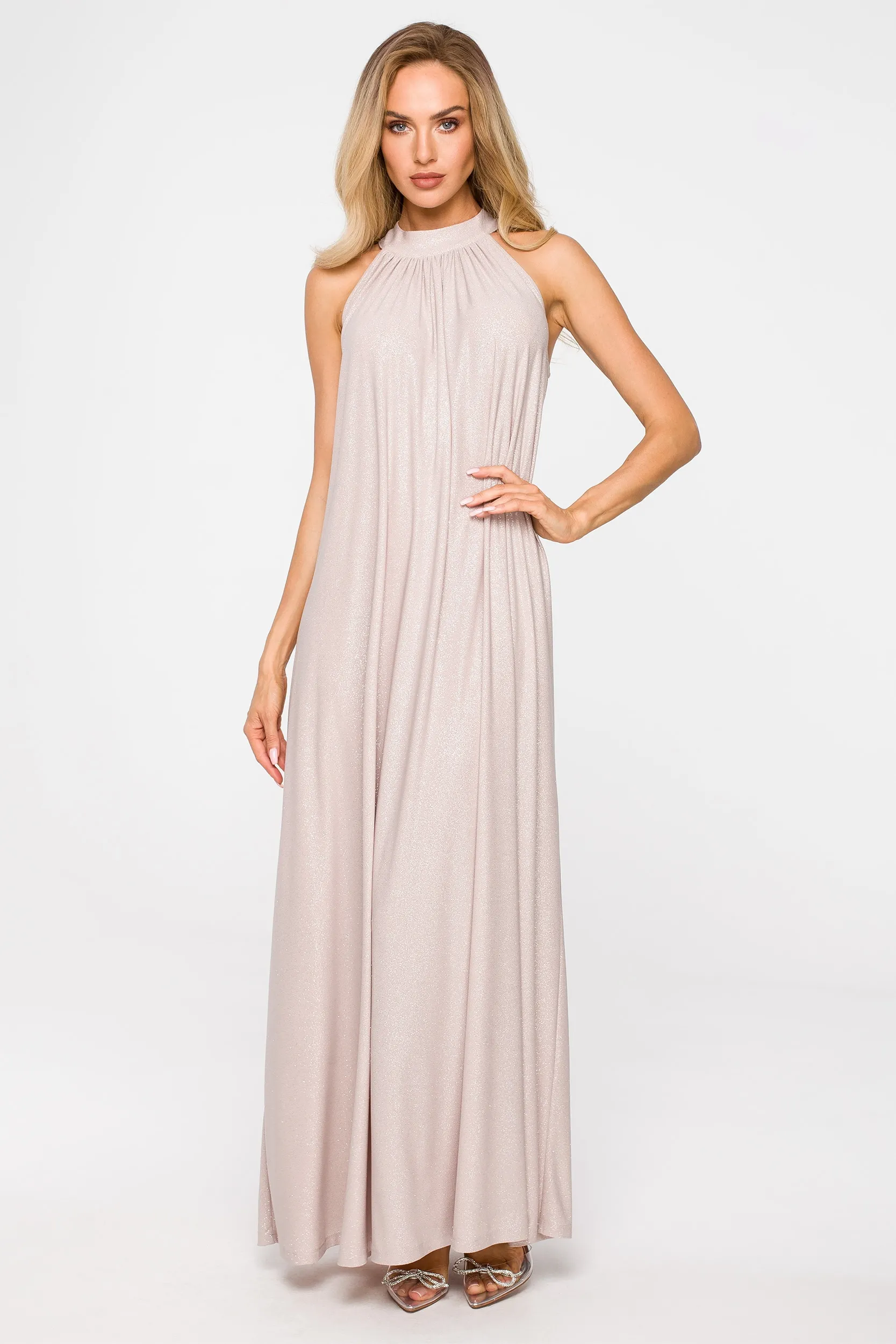 Sukienka z dekoltem halter- beżowa - Rozmiar: Uniwersalny