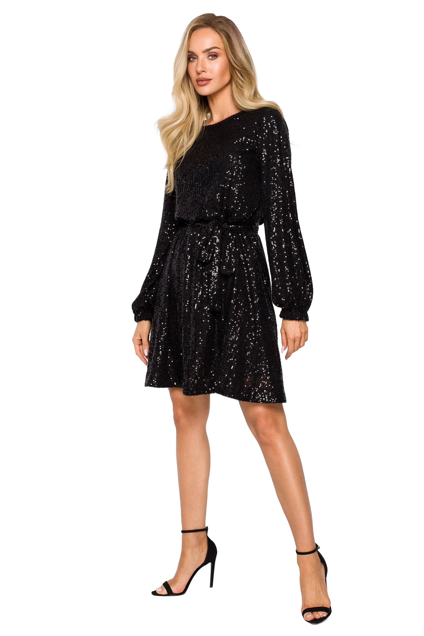 Sukienka cekinowa rozkloszowana – czarna - Rozmiar: S