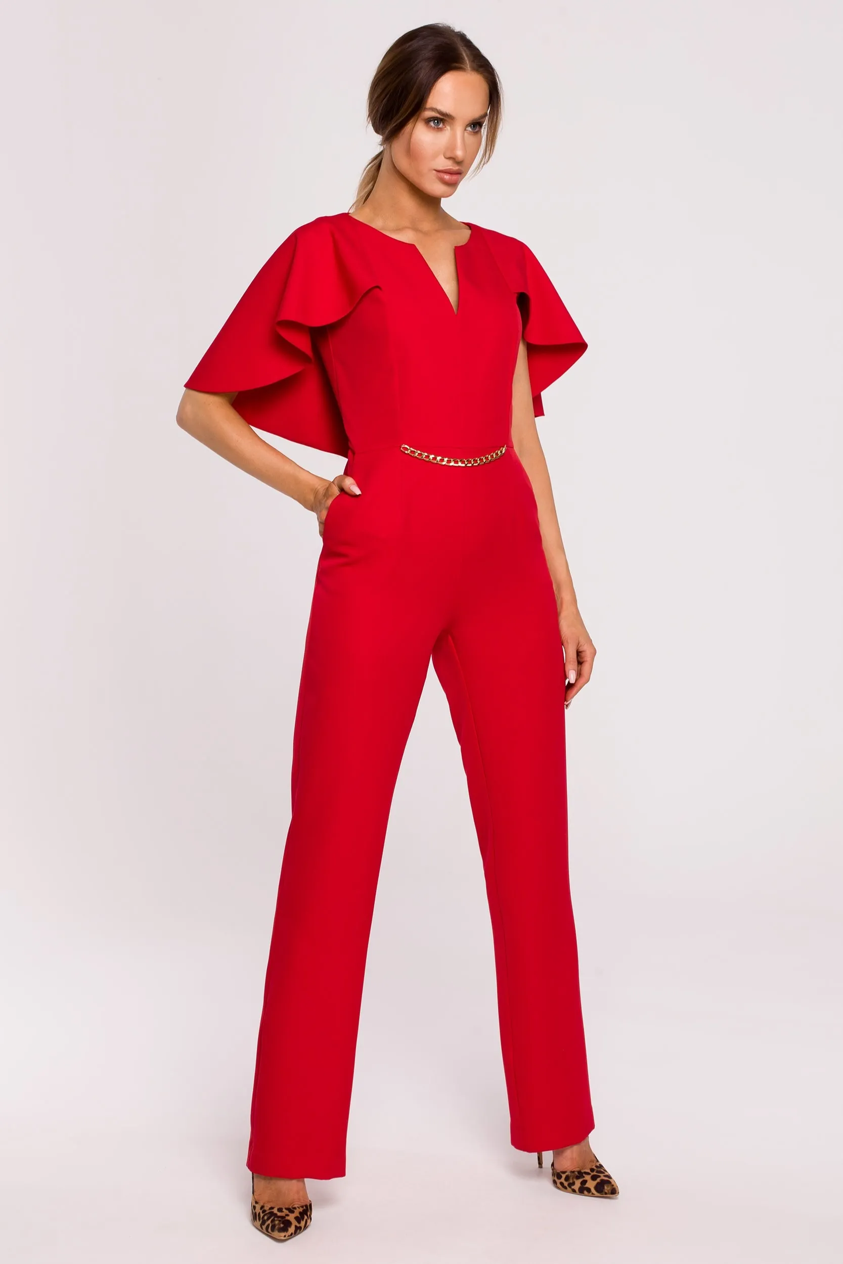 Elegancki kombinezon z peleryną - czerwony - Rozmiar: S