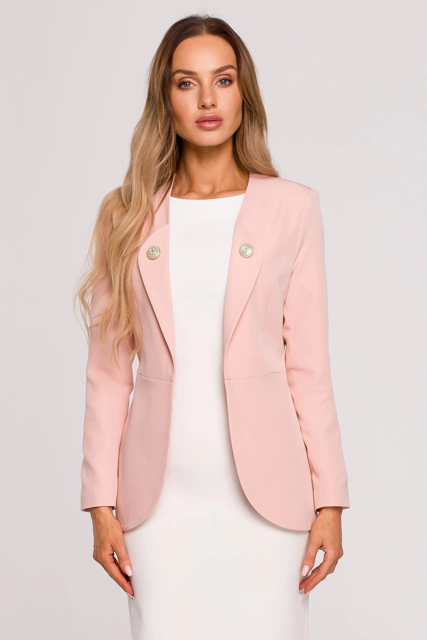 Elegancki żakiet bez zapięcia - pudrowa - Rozmiar: S