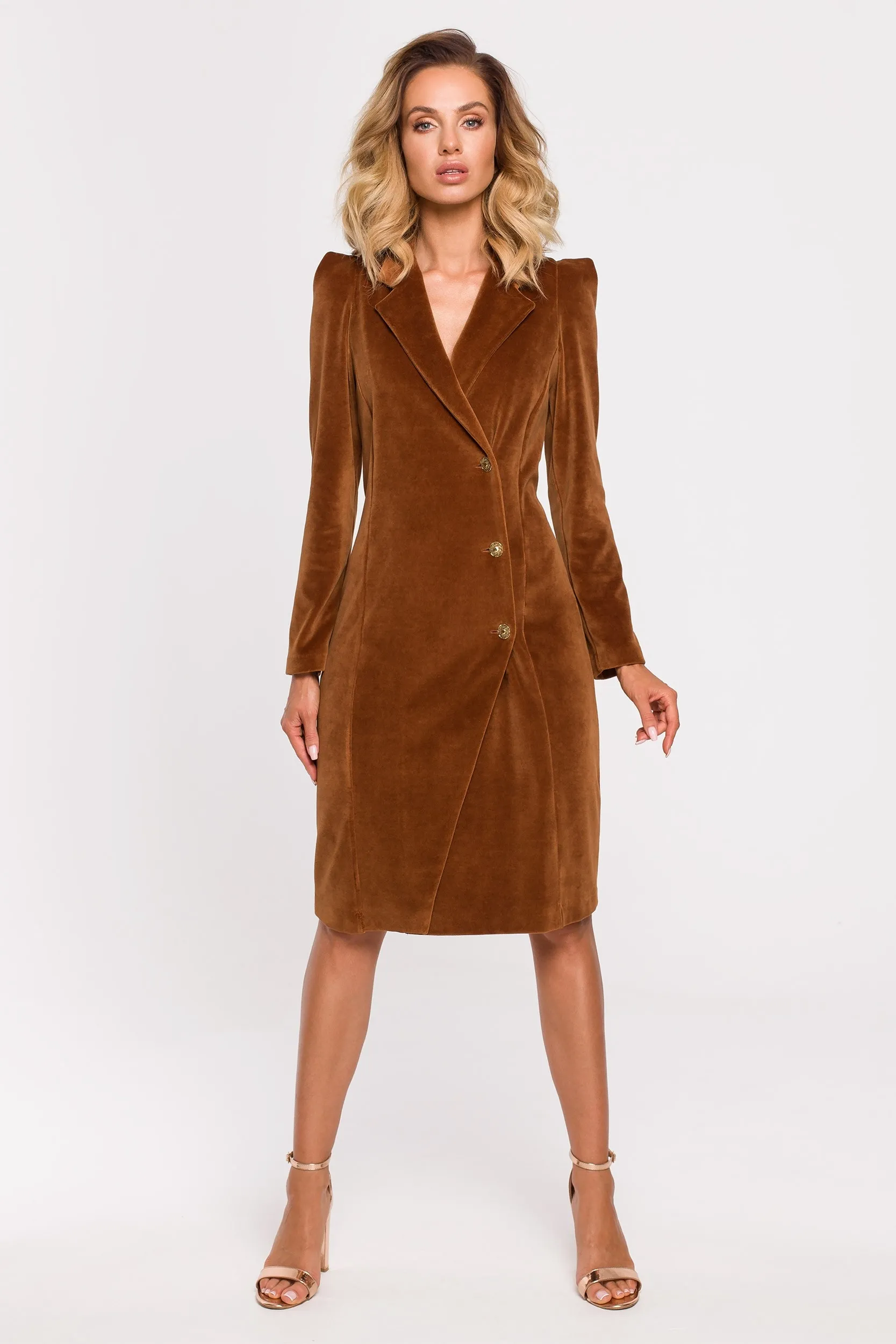 Żakietowa sukienka z weluru - koniakowa - Rozmiar: S