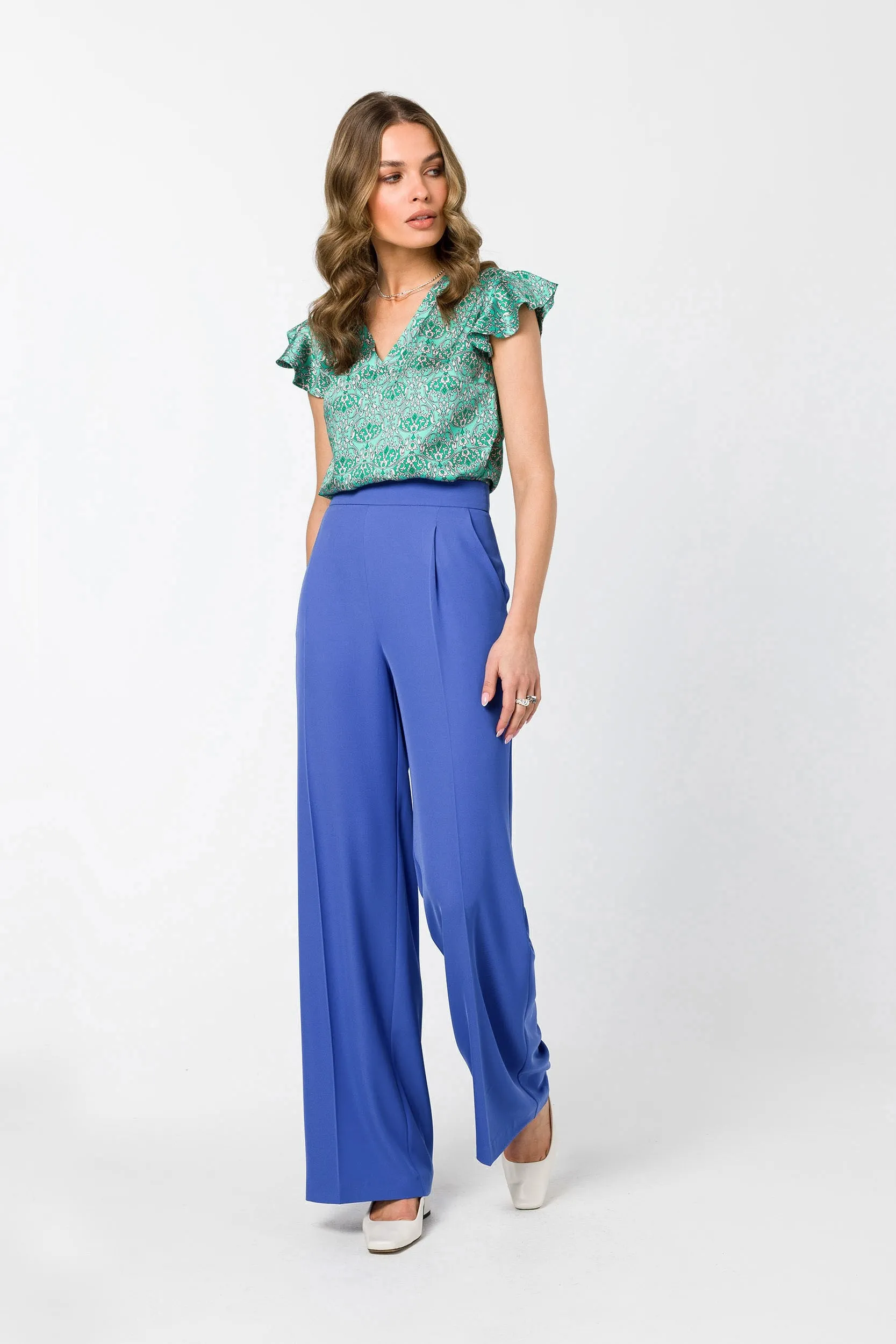 Wzorzysta bluzka z falbankami - Zielona - Rozmiar: S