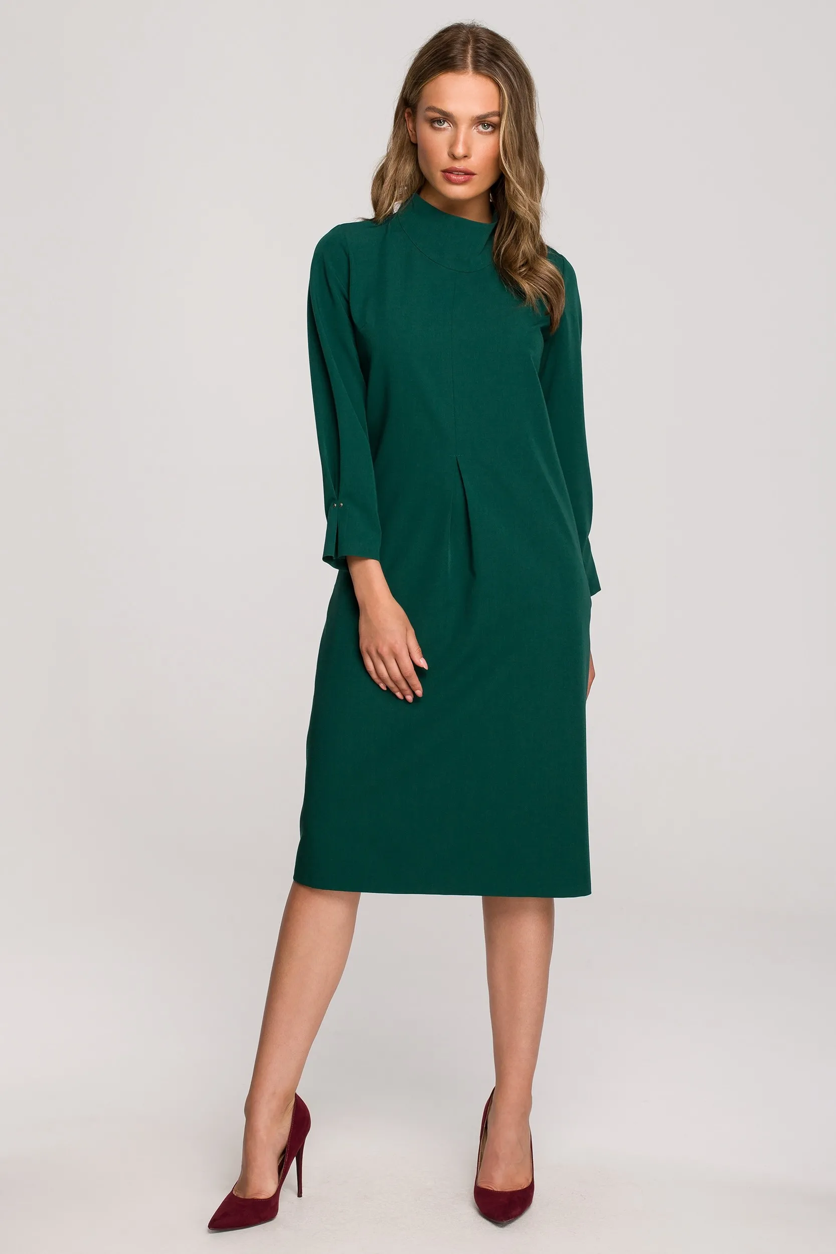 Trapezowa sukienka z zakładkami i długim rękawem - Zielona - Rozmiar: XL