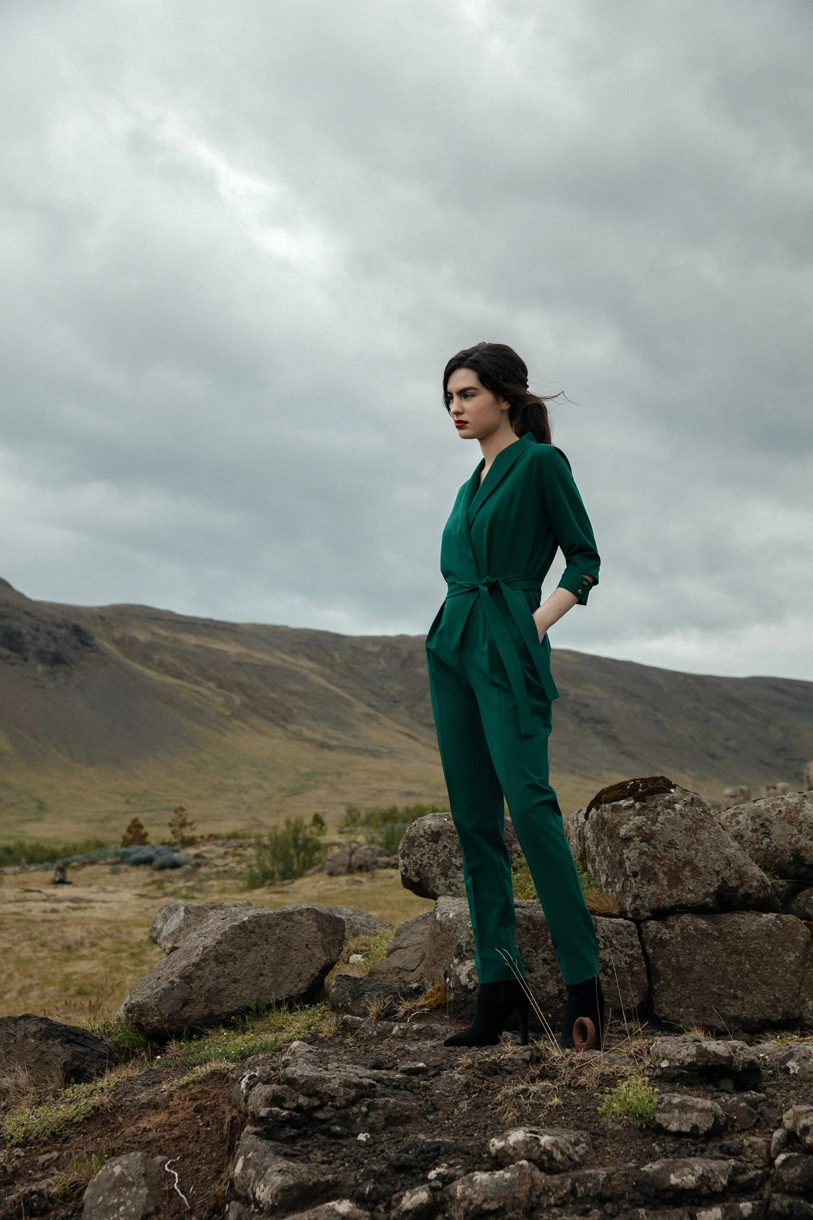 Elegancki kombinezon z szalowym kołnierzem krótki rękaw - Zielony - Rozmiar: XL