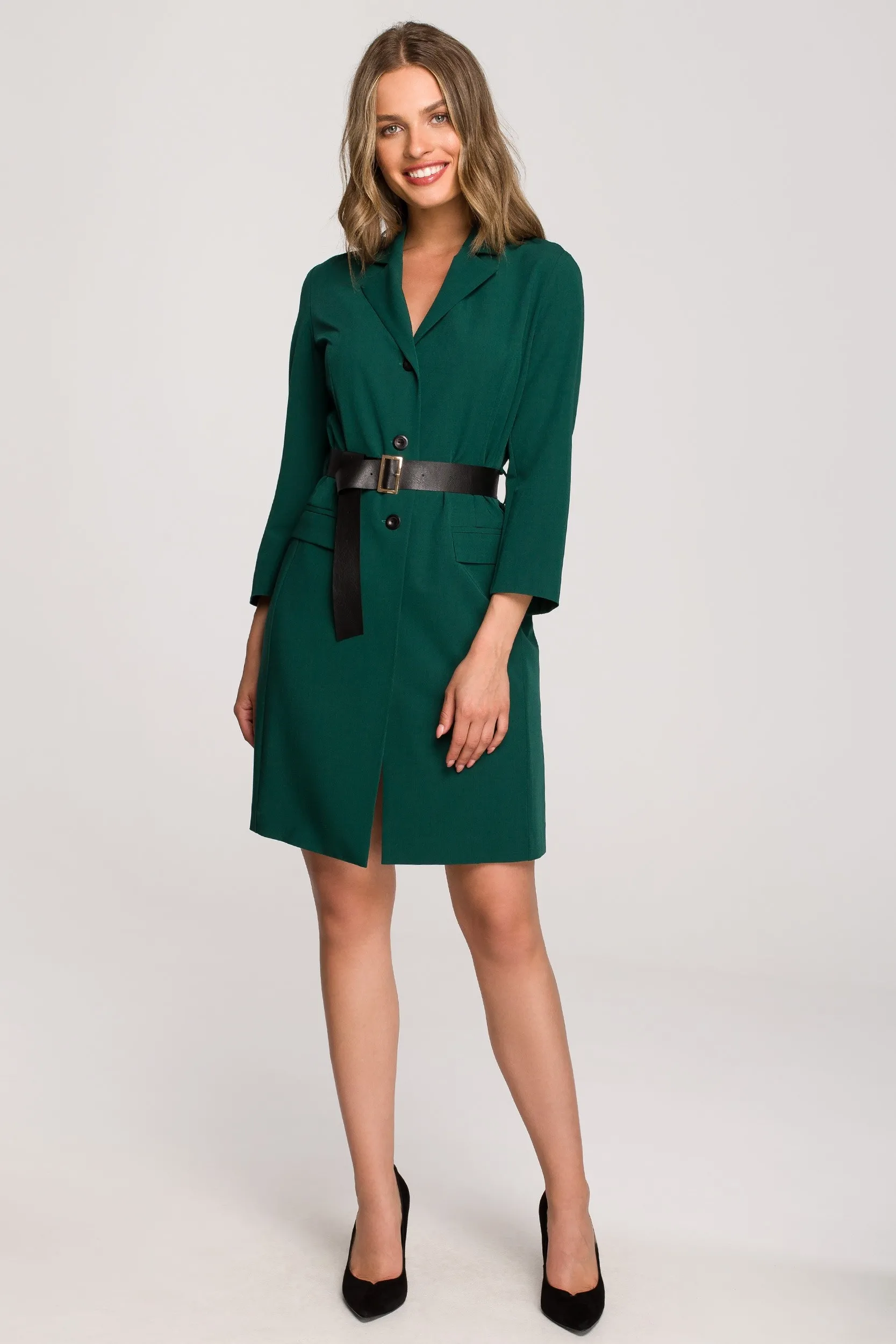 Żakietowa mini sukienka z paskiem długi rękaw - Zielona Rozmiar: L