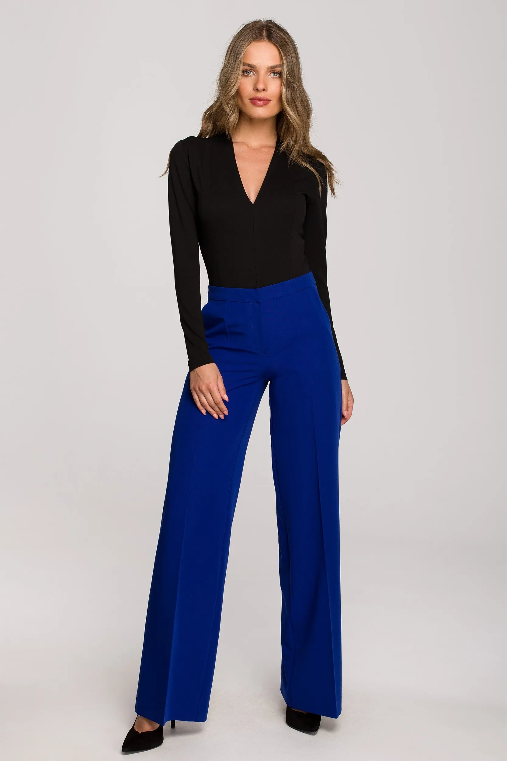 Eleganckie spodnie z szerokimi nogawkami - Chabrowe - Rozmiar: XL