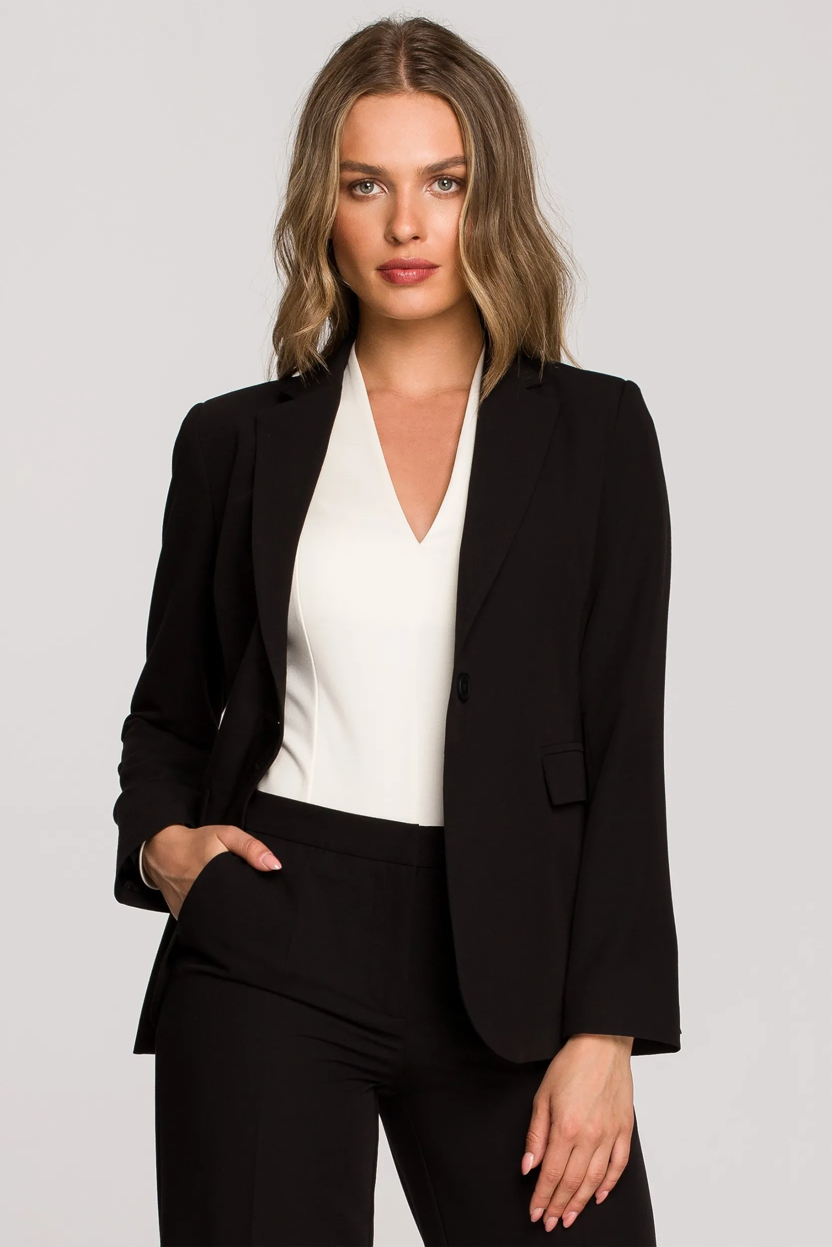 Gładki żakiet na jeden guzik z kieszeniami - CZarny - Rozmiar: XL