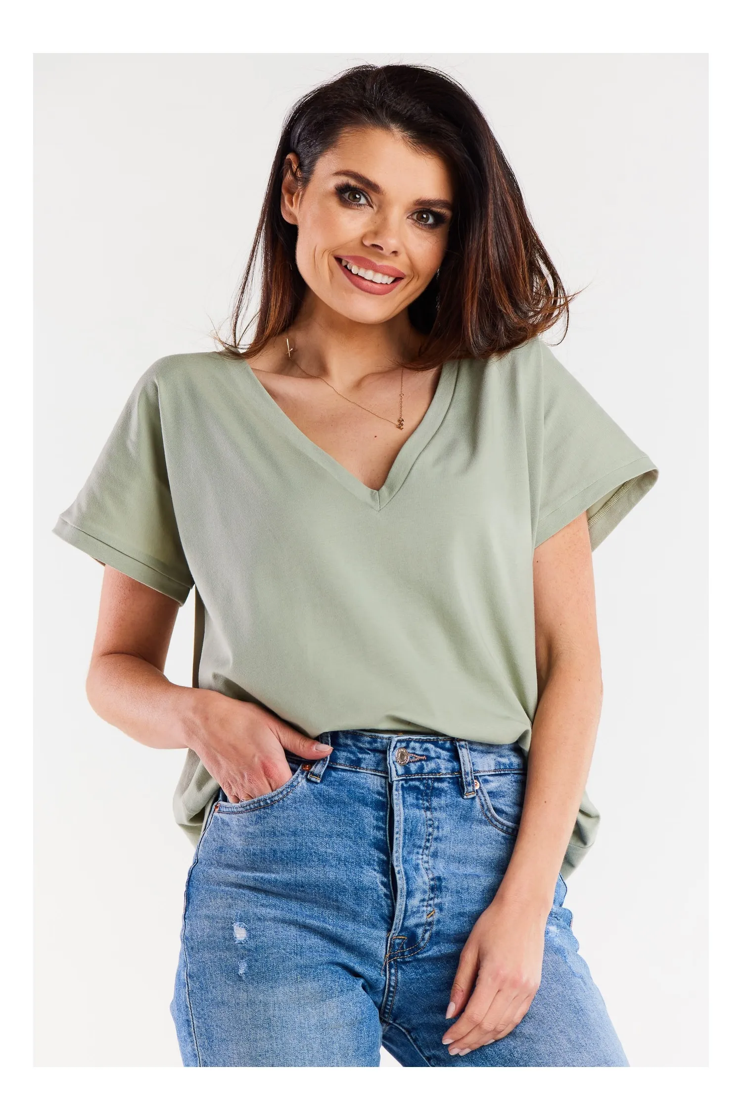 Luźna bluzka z Dekoltem w Szpic - Miętowa