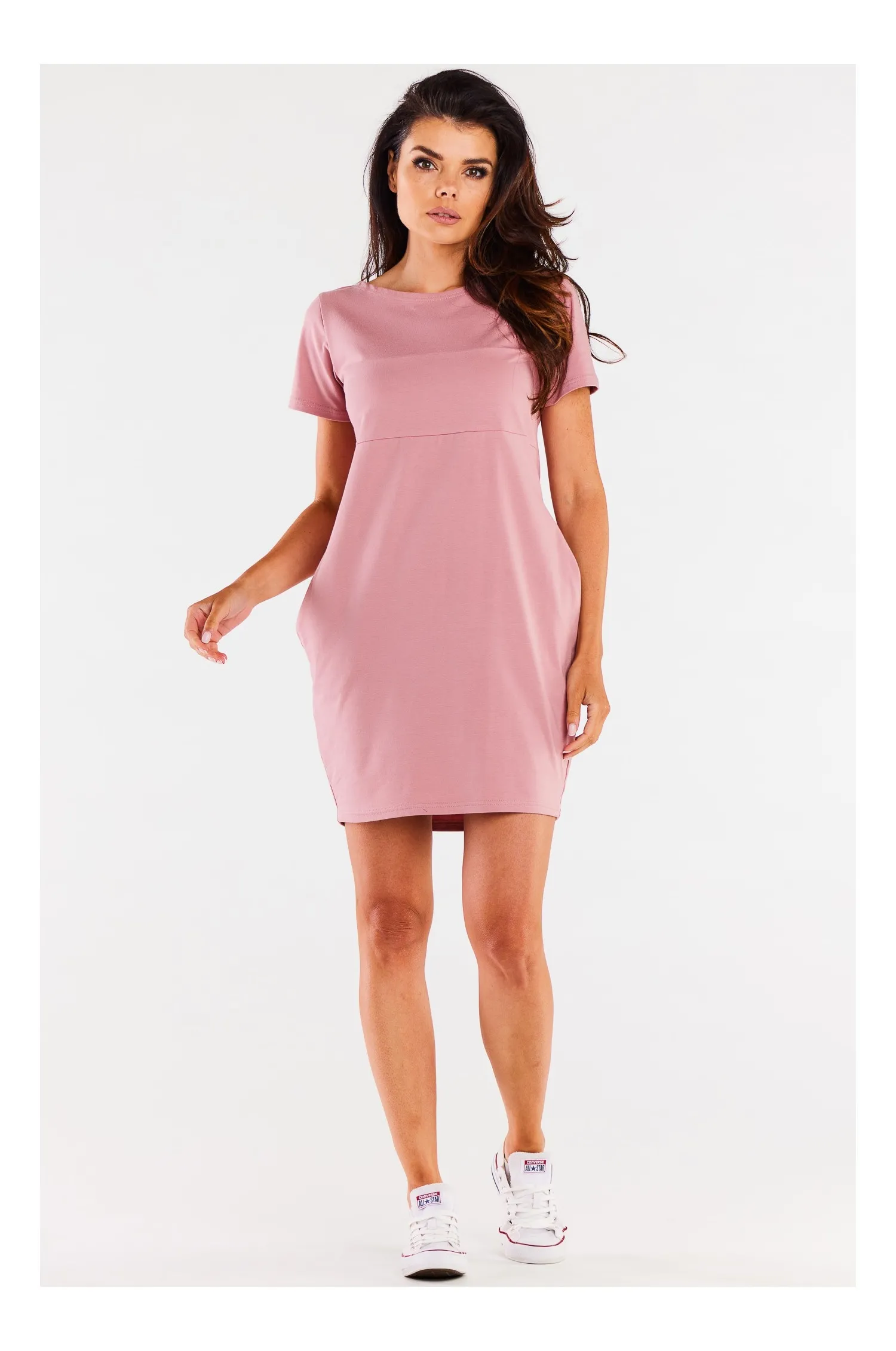 Krótka bawełniana sukienka z przeszyciami - różowa - Rozmiar: L/XL