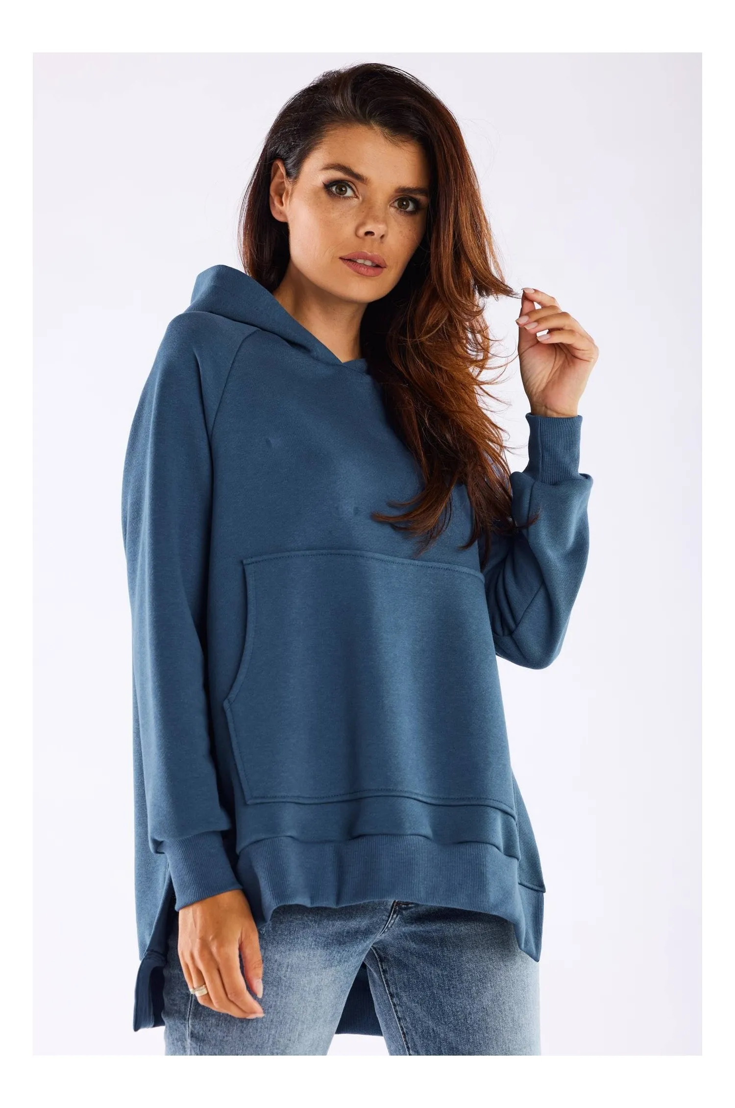 Bluza z kapturem i kieszenią kangurka - niebieska - Rozmiar: L/XL