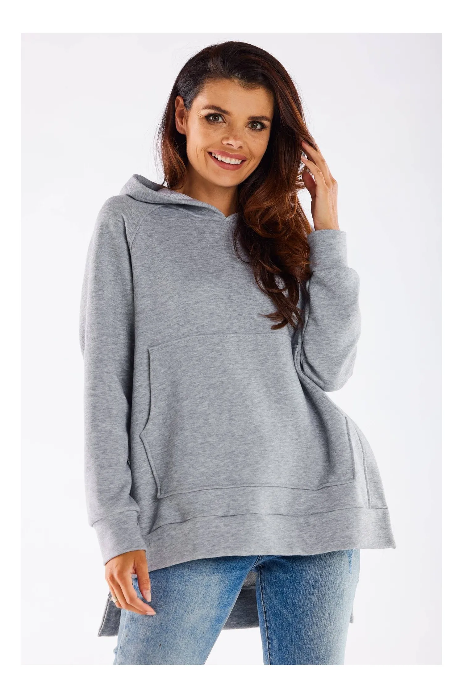 Bluza z kapturem i kieszenią kangurka - szara - Rozmiar: L/XL
