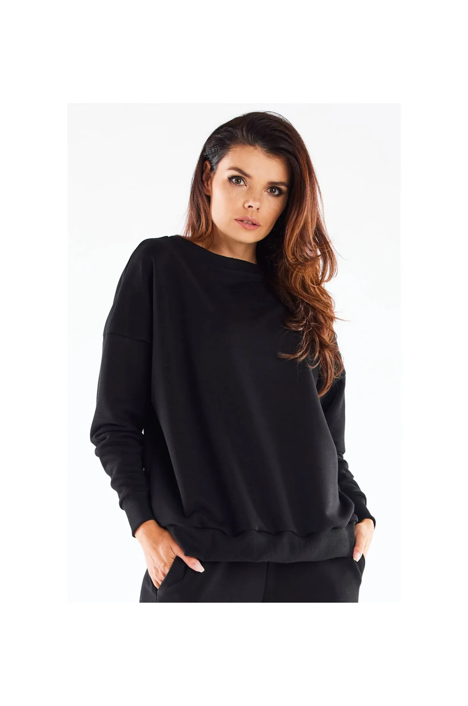 Luźna bluza bawełniana dekolt w łódkę - czarna