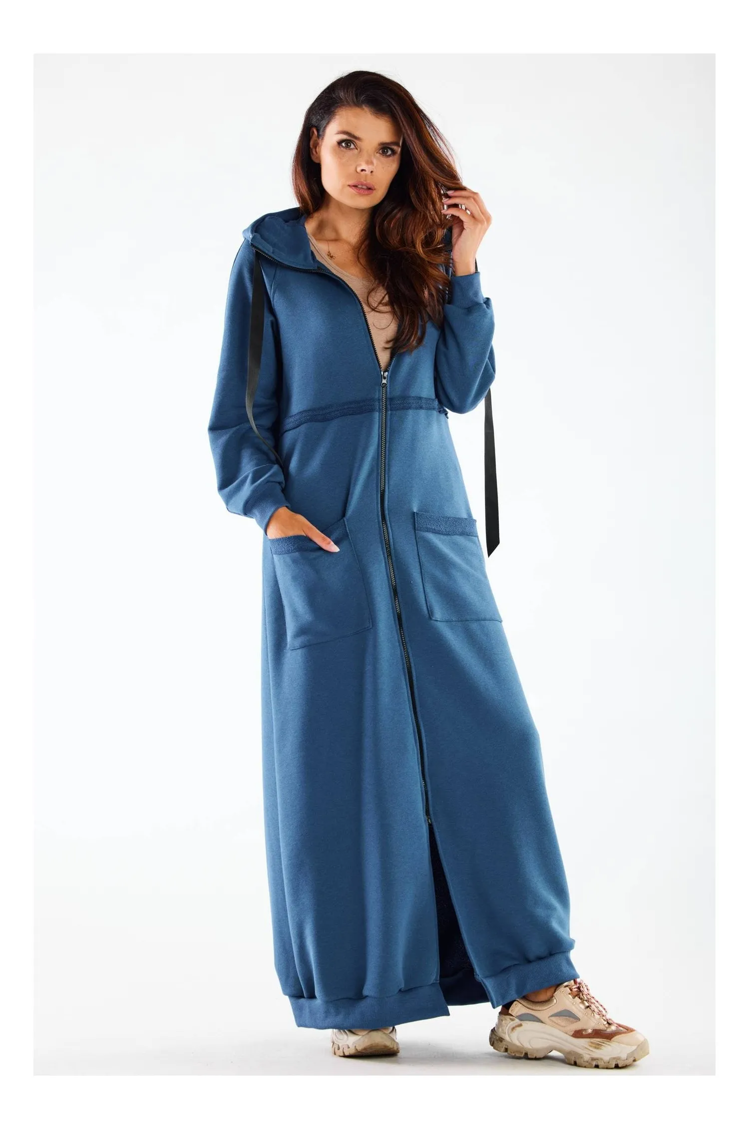 Długa bluza z kapturem i przeszyciami - niebieska - Rozmiar: S/M