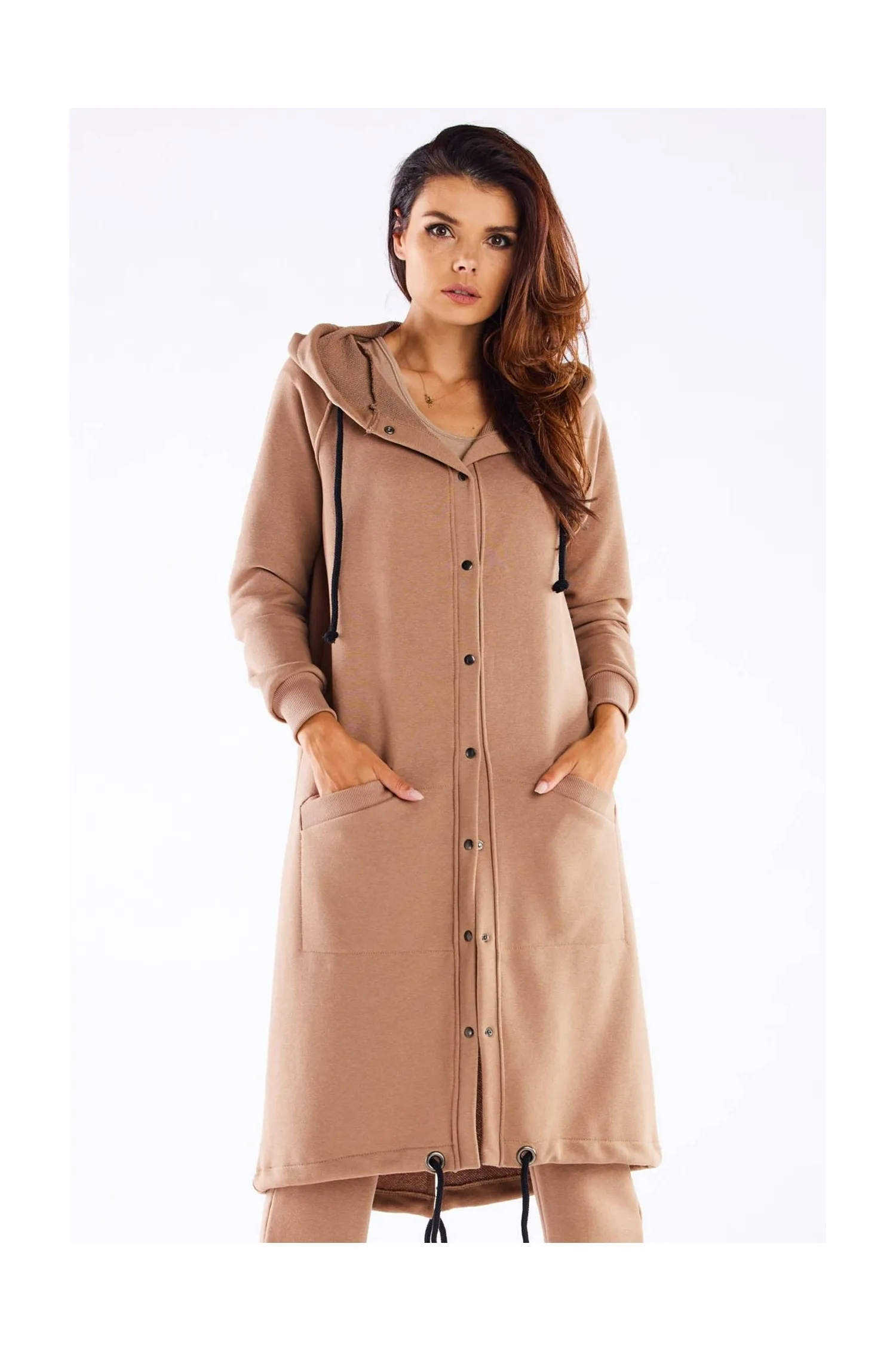 Bluza z kapturem zapinana na napy - beżowa - Rozmiar: L/XL