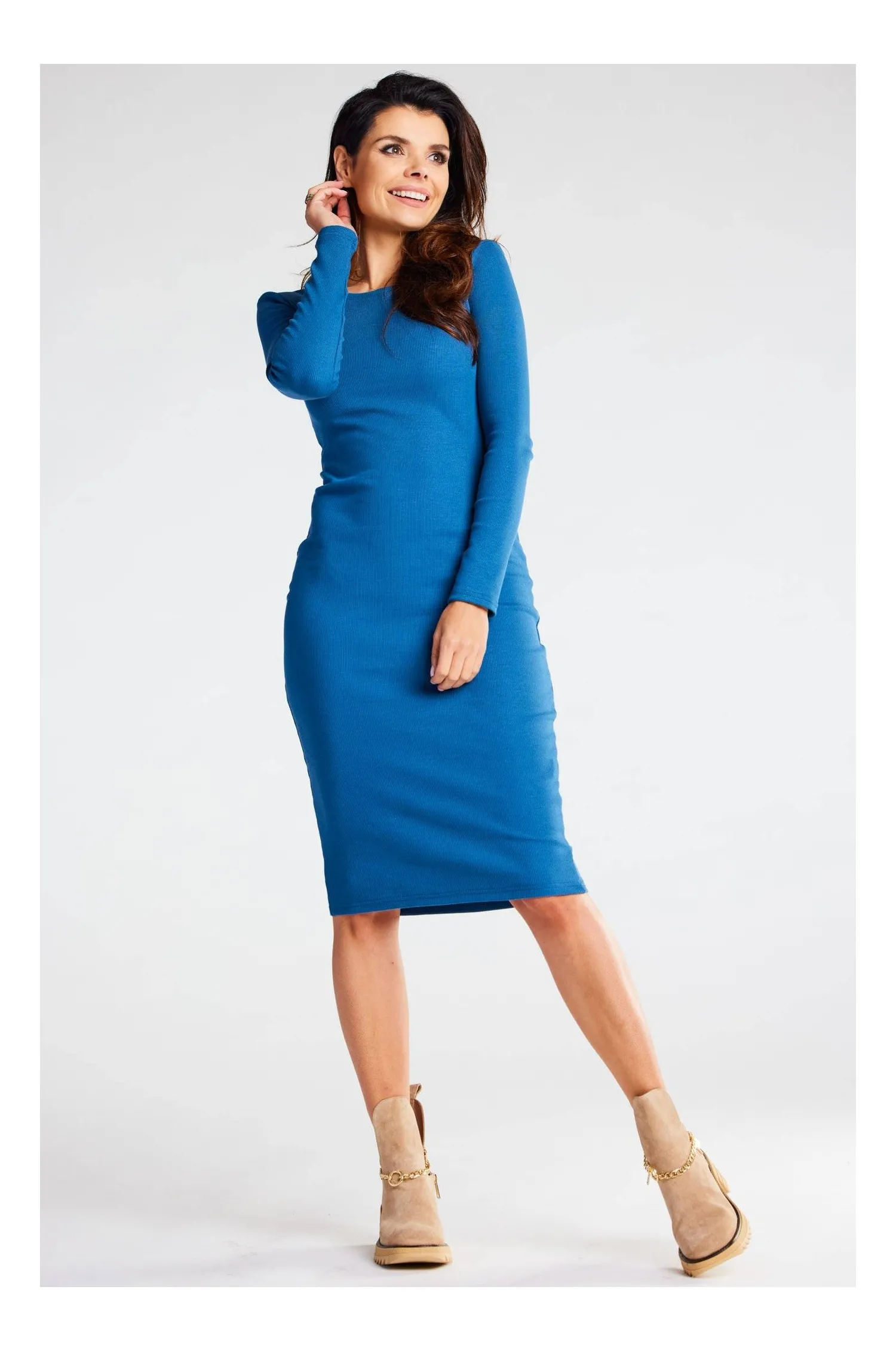 Dopasowana sukienka ołówkowa z długim rękawem - niebieska Rozmiar: XL