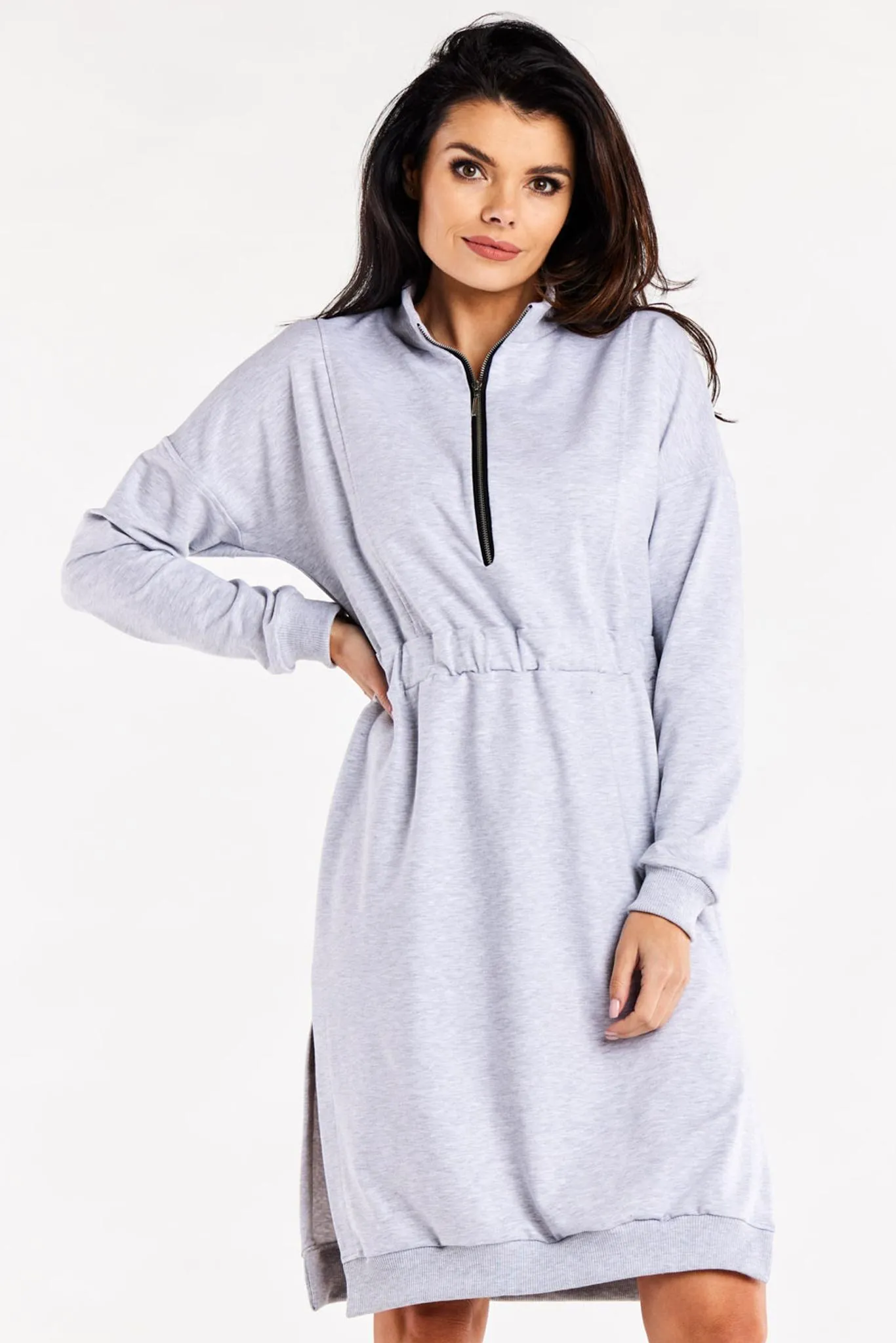 Dresowa Sukienka z Suwakiem - szara - Rozmiar: S