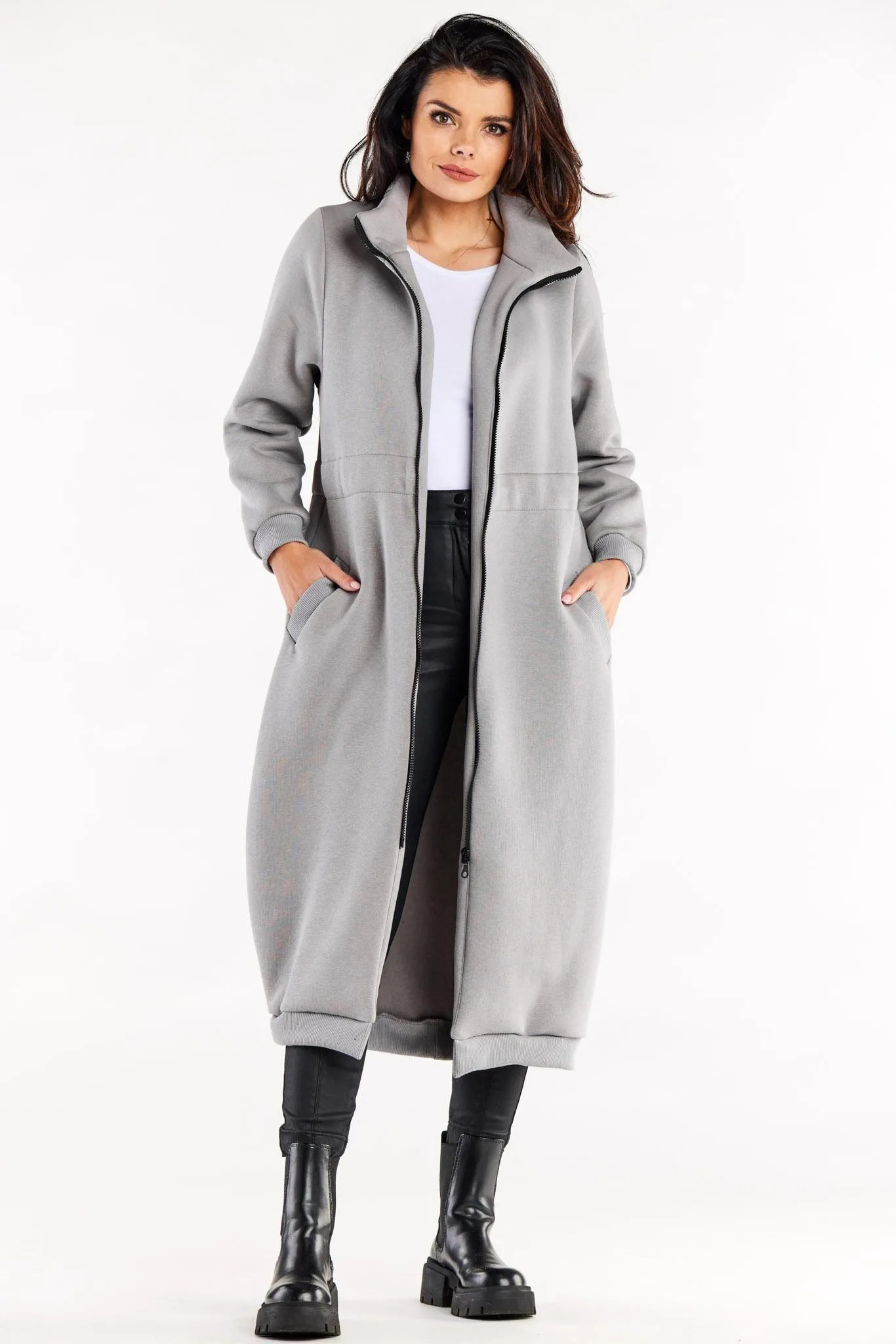 Długa płaszczowa bluza ze stójką - szara - Rozmiar: L/XL