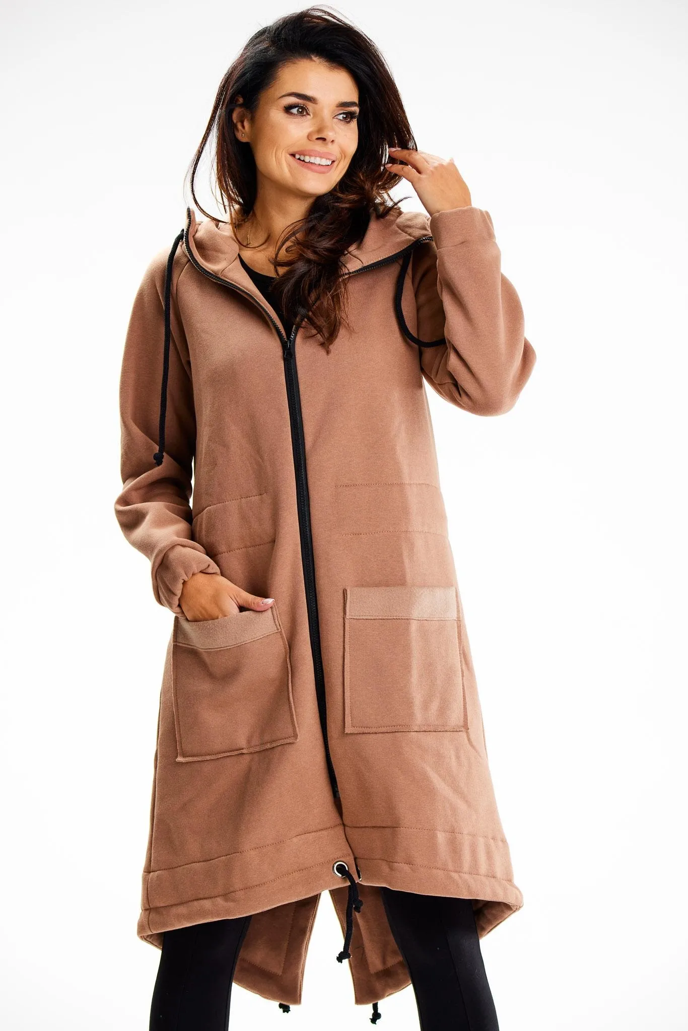 Długa rozpinana bluza z kapturem - beżowa - Rozmiar: L/XL