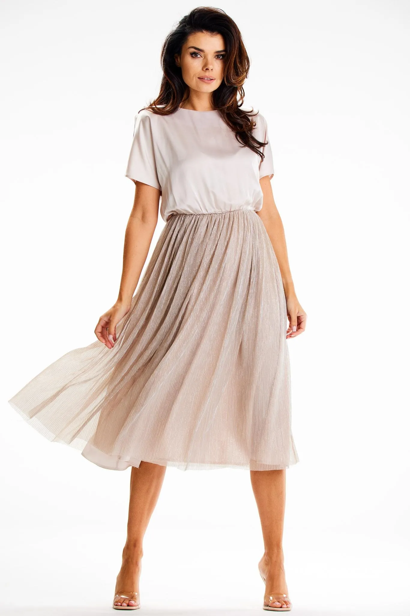 Rozkloszowana sukienka midi z dołem z siatki -beżowa - Rozmiar: M