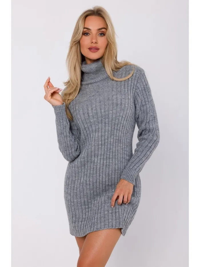 Dzianinowa sukienka z golfem - szara - Rozmiar: L/XL