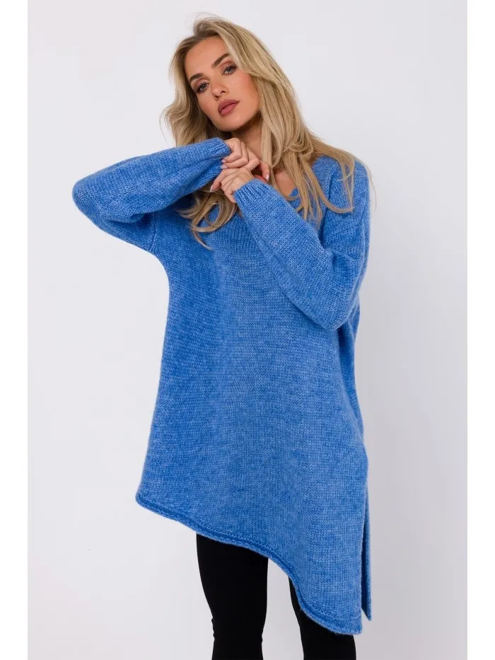 Asymetryczny długi sweter - lazurowy - Rozmiar: Uniwersalny