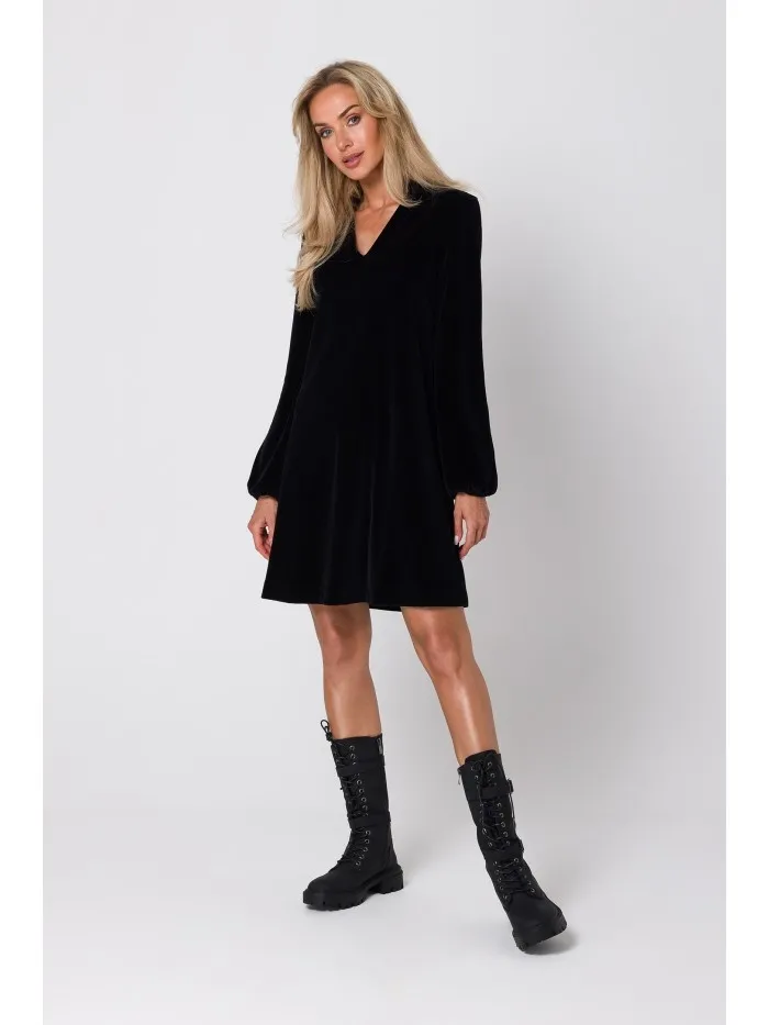 Mini sukienka z dekoltem V - czarna - Rozmiar: L